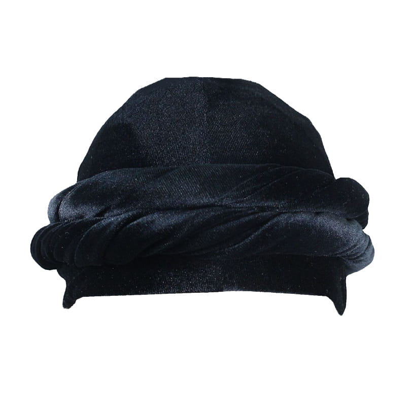 black velvet cloche hat with a soft draped brim designed as a men gold velvet turban hat alternative