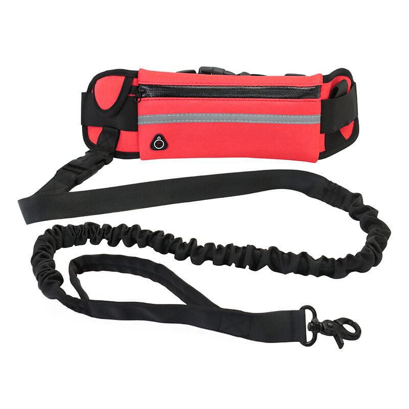 Riñonera deportiva roja y negra con franja reflectante y correa ajustable diseñada para el juego de cinturón para caminar al perro sin manos y correa.