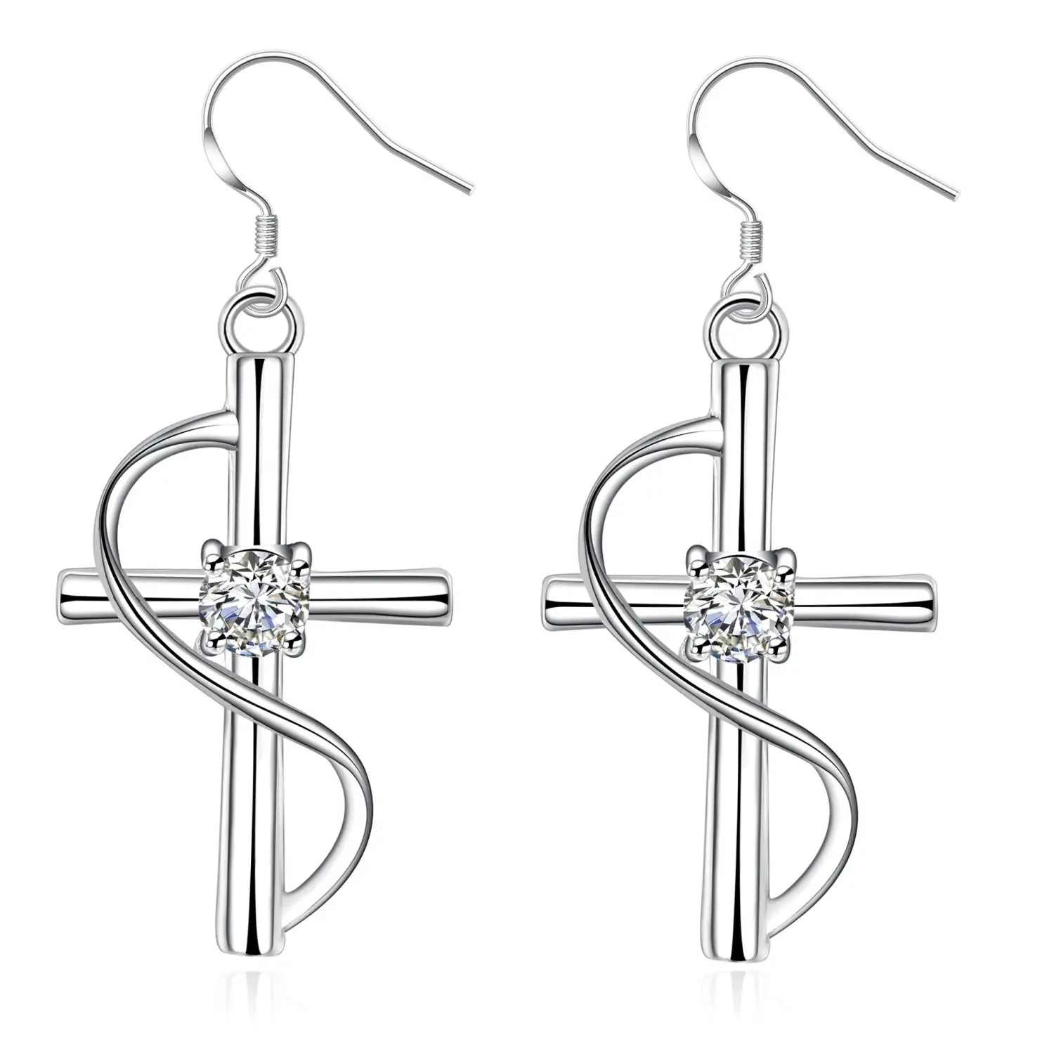 Elegant silver swirling gemstone cross earrings featuring a central clear gemstone and intricate silver design.