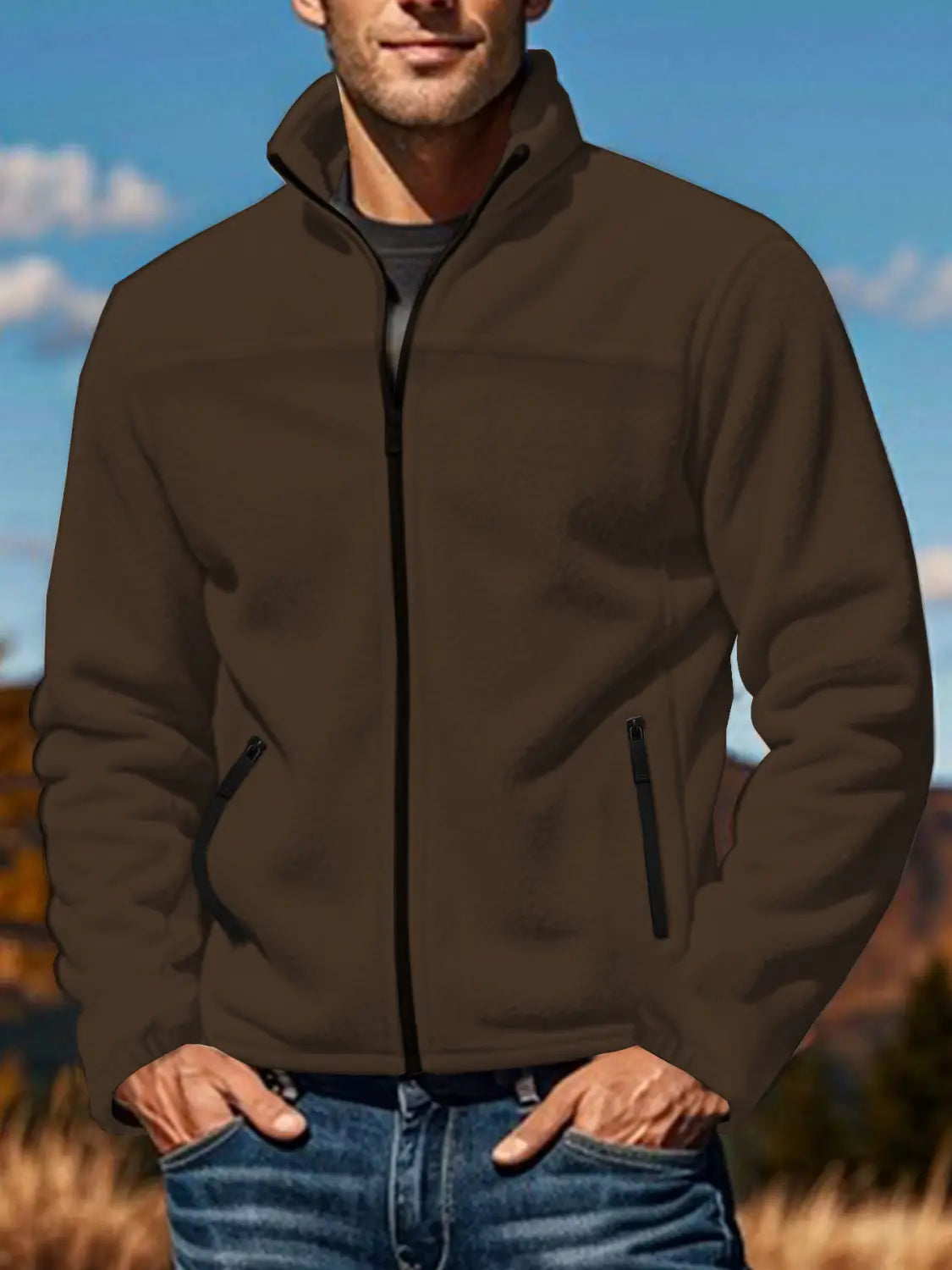 Chaqueta polar para hombre de cierre completo con cuello alto en color marrón, con detalles de cremallera negra, confeccionada con material de forro polar cálido.