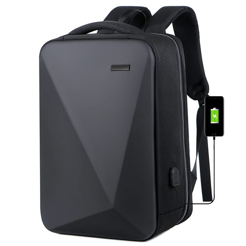 Black geometric-patterned business laptop backpack made of oxford cloth with built-in usb charging port shown from the back side