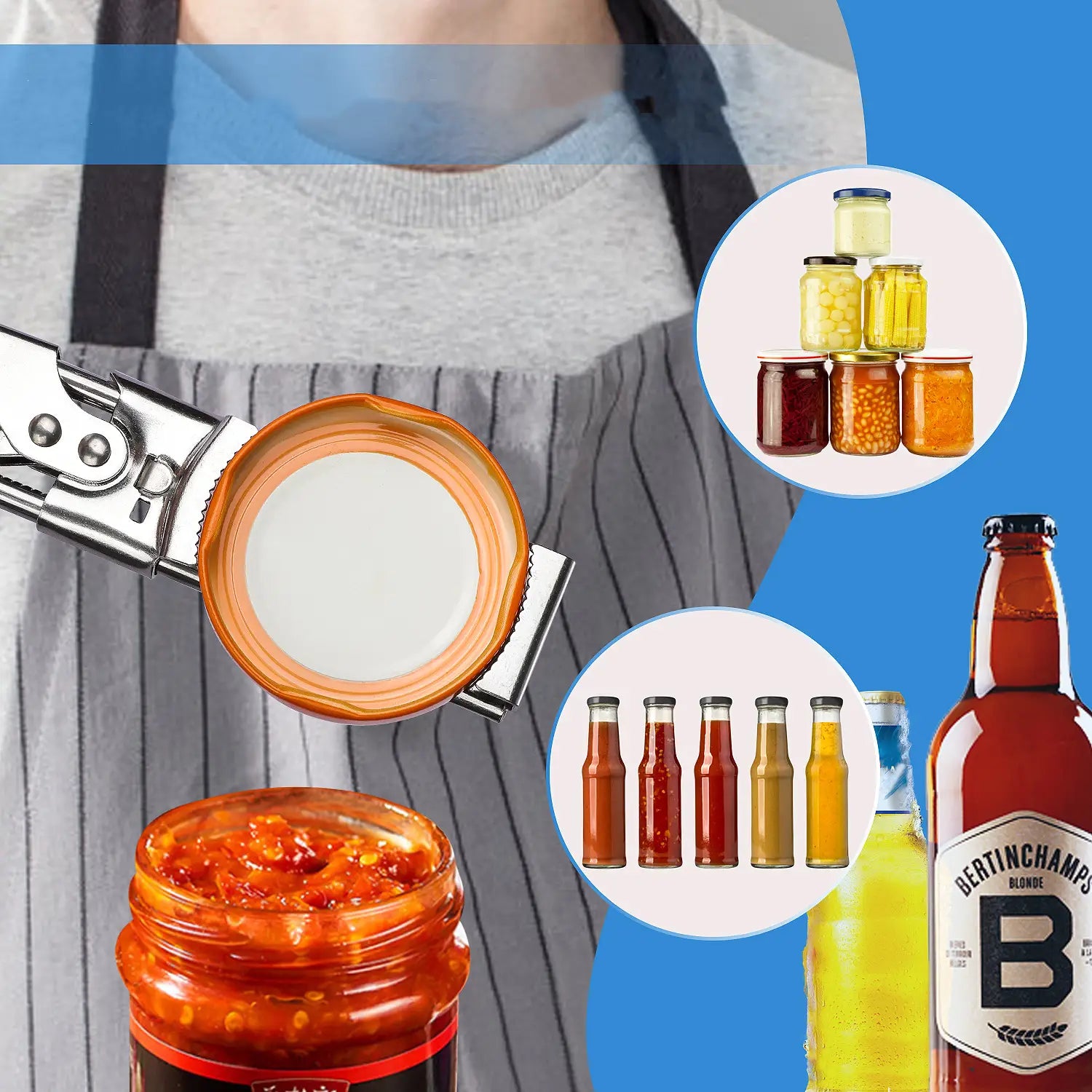 Silver stainless steel adjustable jar and bottle opener with a sturdy metallic finish gripping an orange glass jar lid.