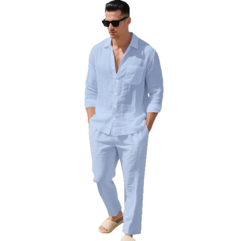 light blue linen men linen long sleeve shirt pants set featuring a button-down shirt and matching trousers designed for comfort and style