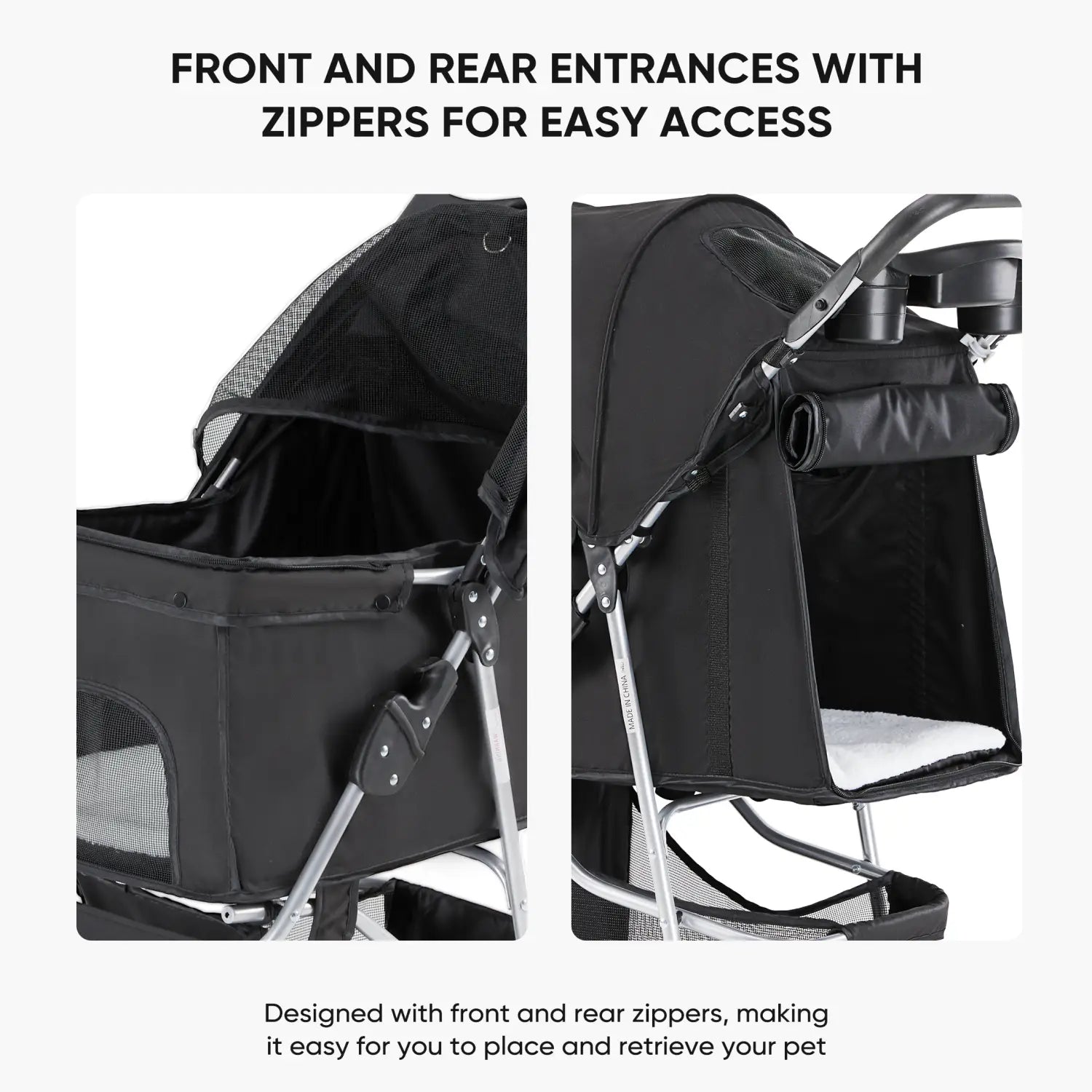 Black pet stroller with silver frame mesh sides swivel wheels and cushion designed for comfortable pet transport.