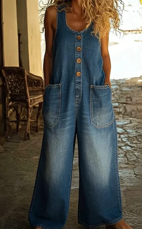 Overol tipo jumpsuit de mezclilla azul sin mangas, con botones de madera y bolsillos delanteros.