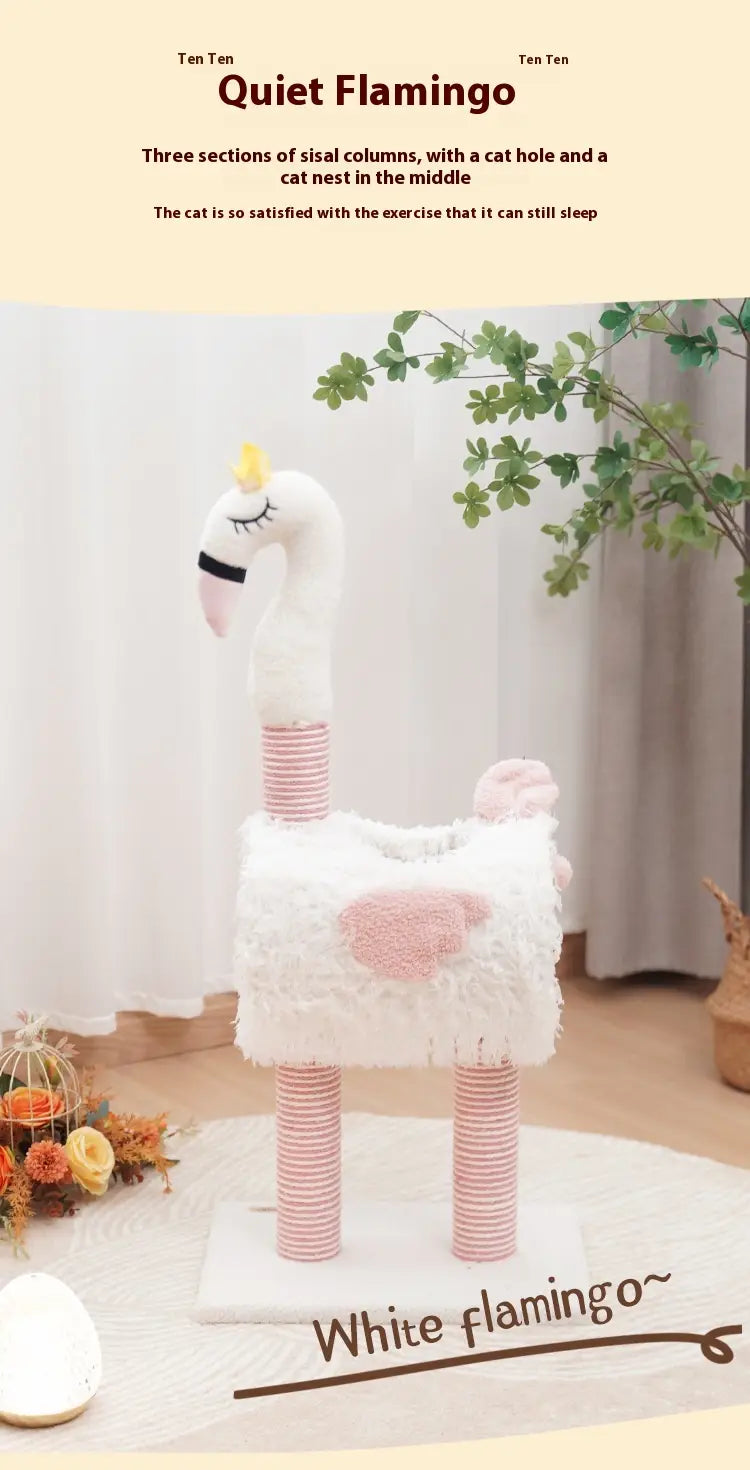 árbol para gato de peluche con forma de flamenco blanco, con poste rascador de sisal rosa y un nido blanco esponjoso diseñado para la comodidad y el juego del gato.