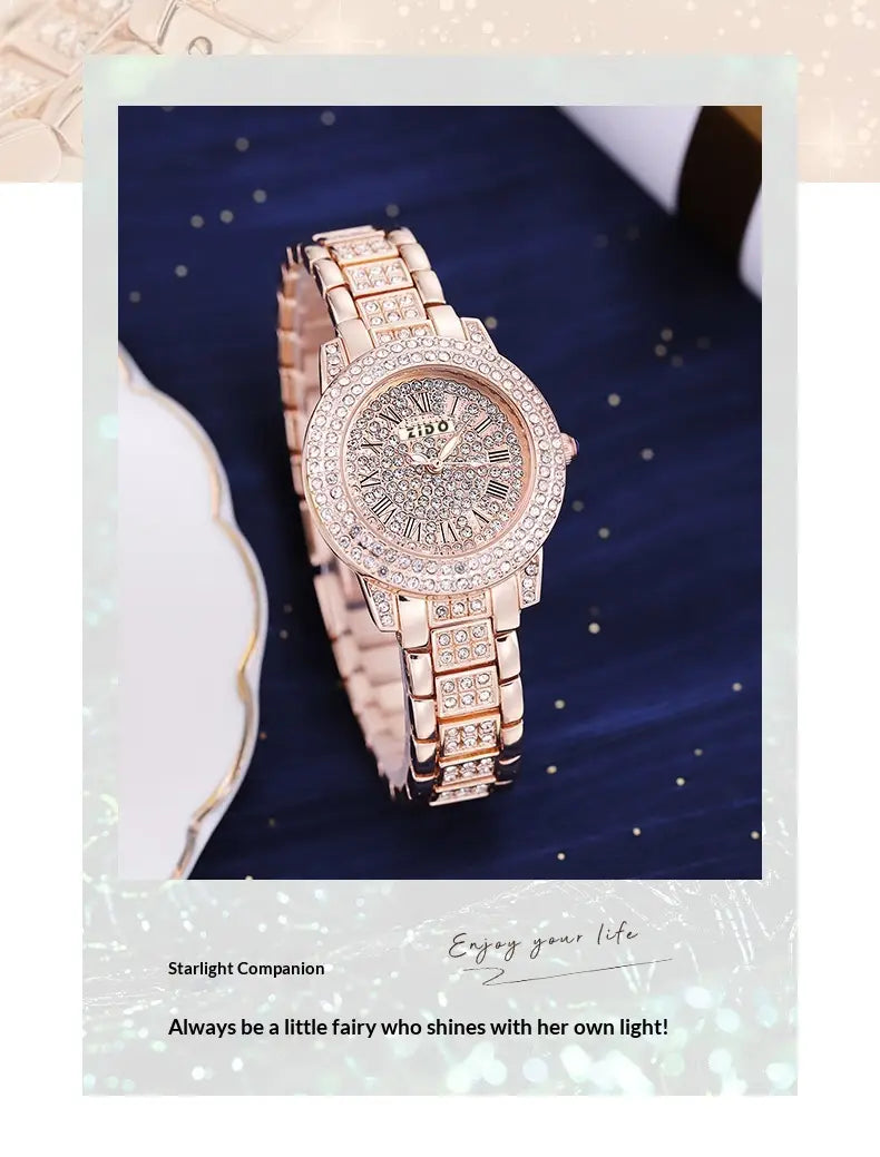 Rose gold Zido diamond encrusted women’s quartz watch with a sparkling diamond face and band.