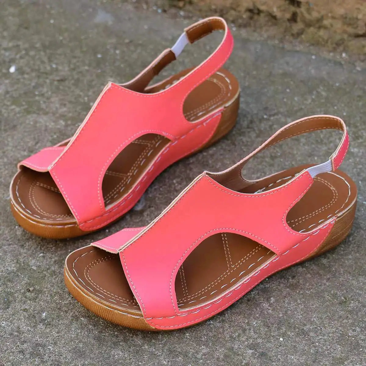 Tan recycled leather wedge sandals for women with elastic straps cutout details and white stitching for summer wear