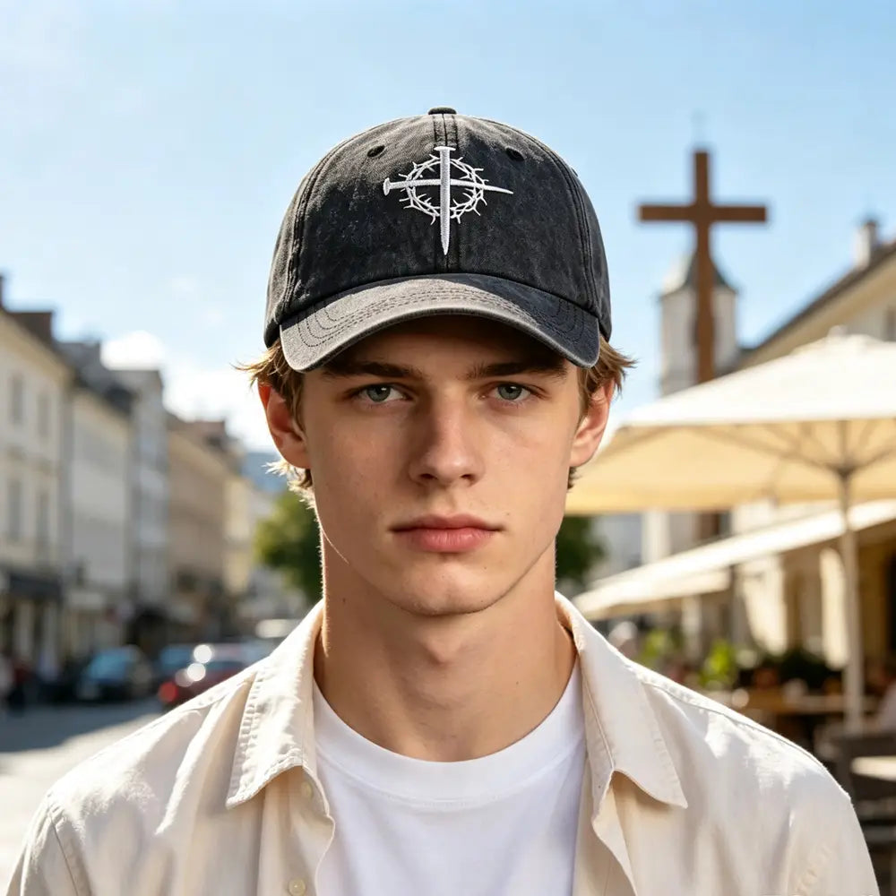 Casquette de baseball en denim foncé fabriquée dans un tissu vieilli, avec croix blanche brodée et motif de couronne d’épines, provenant de la collection Casquette de Baseball Foi Croisée Couronne d’Épines Vieillie.