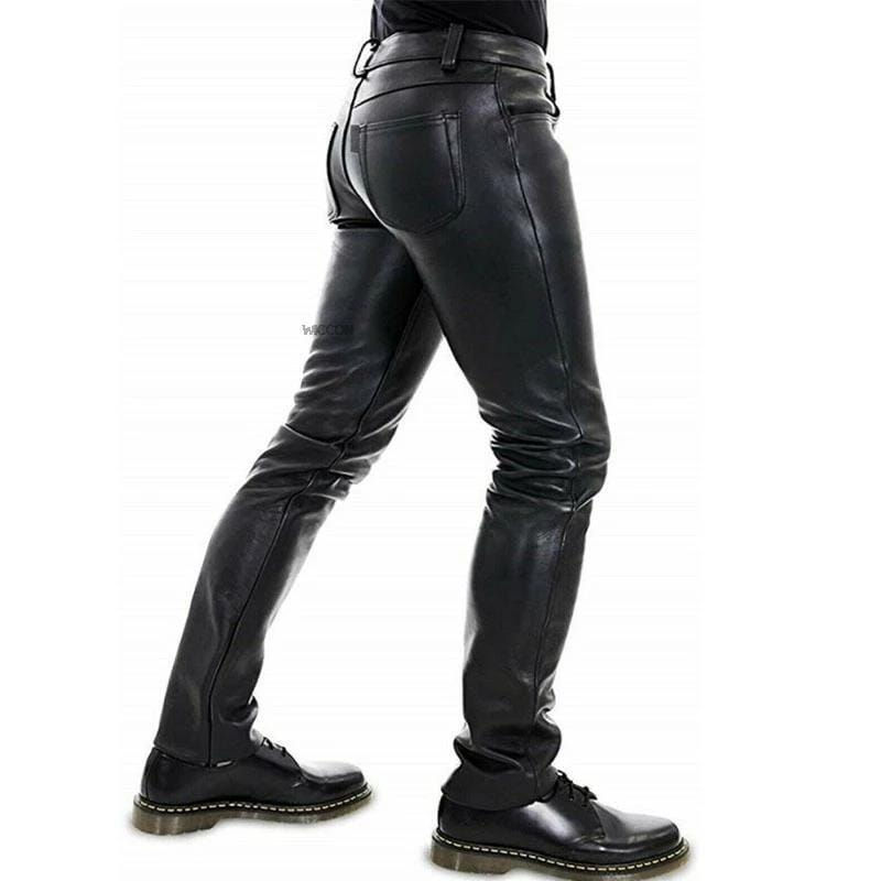 men black faux leather pants pu slim fit trousers with a sleek fitted design and visible stitching details