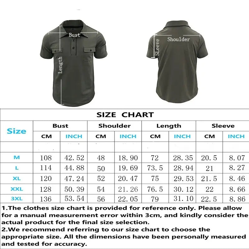 Dark olive green men’s short sleeve polo shirt made of cotton blend featuring two chest pockets and a buttoned collar.