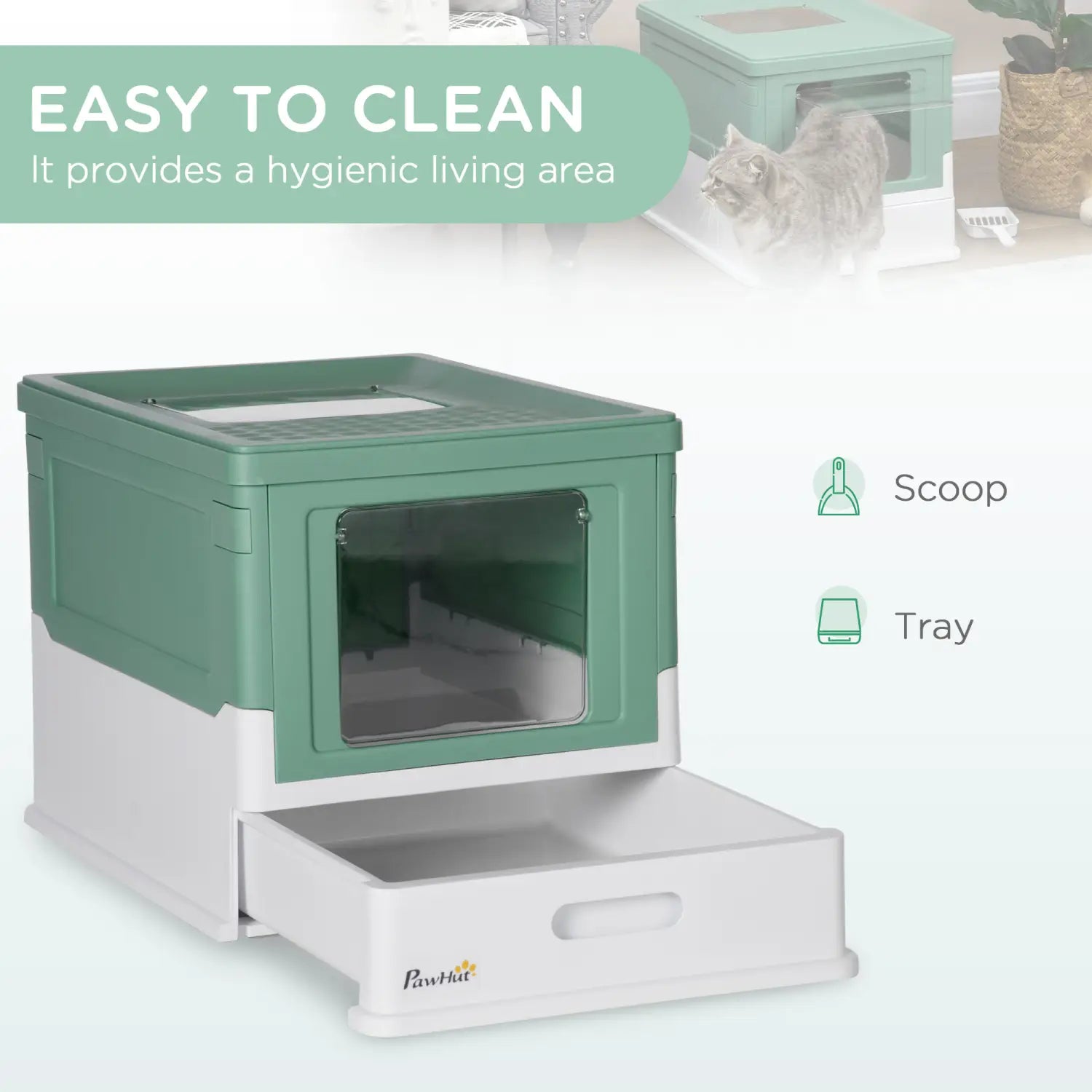 Pawhut-Geschlossene Katzenstreu-Box mit Schöpfer in modularer zweifarbiger Kunststoffausführung aus Grün und Weiß mit transparentem Frontpaneel für einen einfachen Zugang.