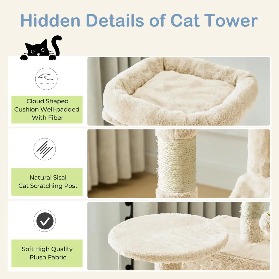beige cloud-shaped cushion with plush fabric and fiber padding on 44 inch multi-level cat tree tower with sisal posts