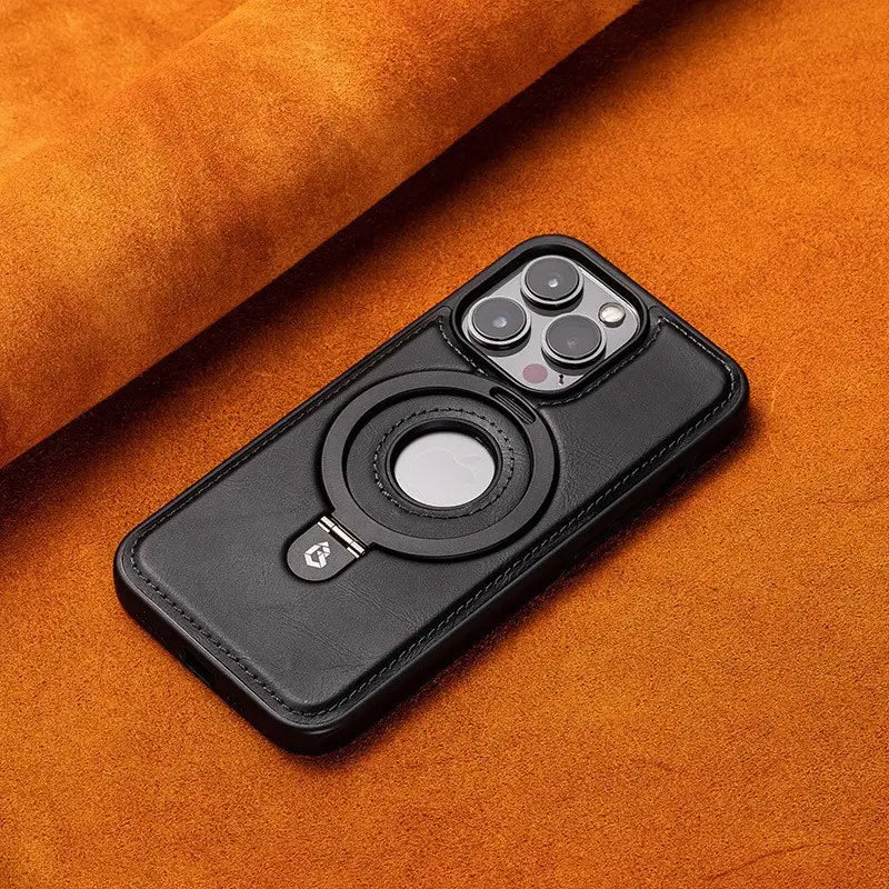 black leather iphone 16 pro max magnetic case with circular magnetic ring stand and stitched edges shown from the back side