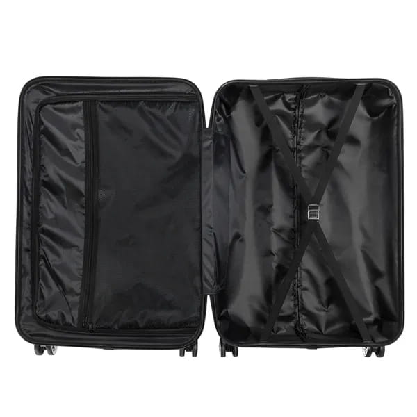 Black hard-shell suitcase with four wheels and internal cross-body straps from the 3-in-1 lightweight orange abs hard shell trolley suitcase set.