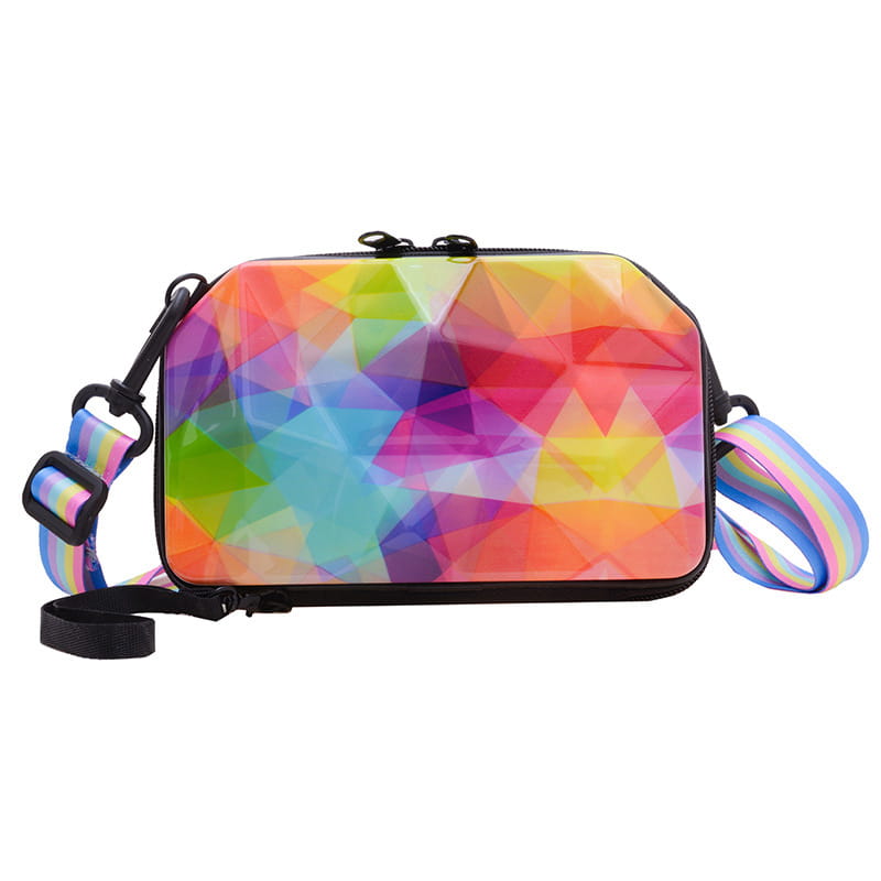 Mini suitcase crossbody bag featuring a vibrant rainbow geometric-patterned design with a black frame and matching strap.
