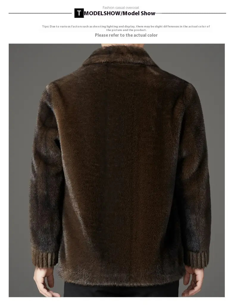 Brown faux fur winter coat for men featuring a plush textured surface and ribbed cuffs.