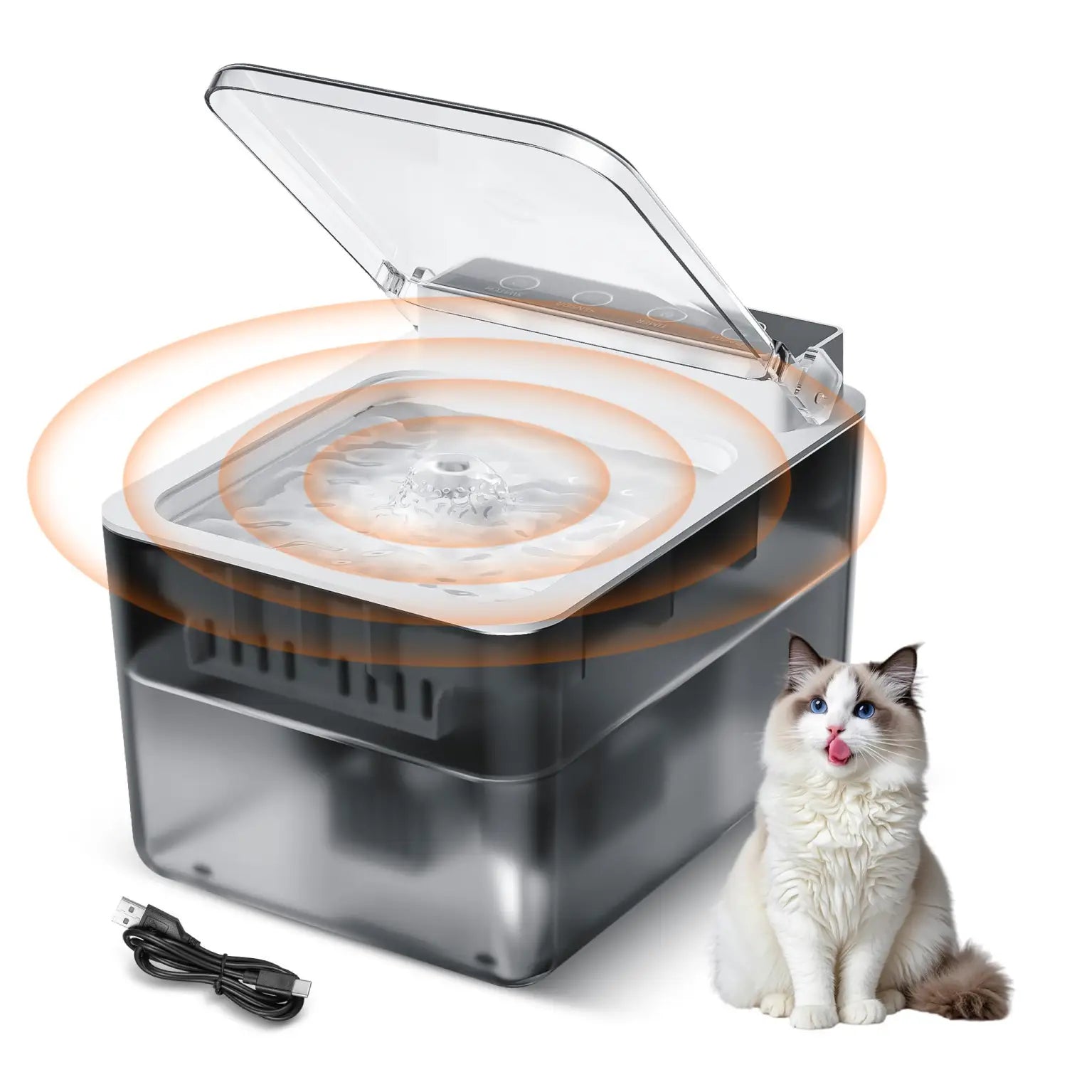 Fontaine d’eau pour animaux domestiques à détection radar 3 l en plastique transparent pour chats et chiens, avec couvercle transparent et pompe interne visible, offrant un design moderne et épuré