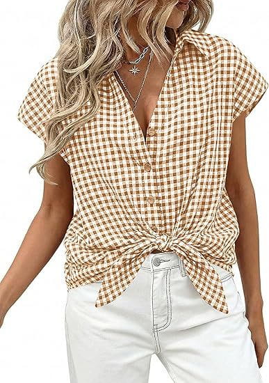 Beige and brown checkered short-sleeved plaid button up blouse with a front knot detail.