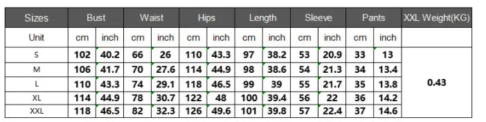 The table displays size measurements in centimeters and inches for a two piece denim mini skirt and button up shirt set including bust waist hips length sleeve pants dimensions and XXL weight.