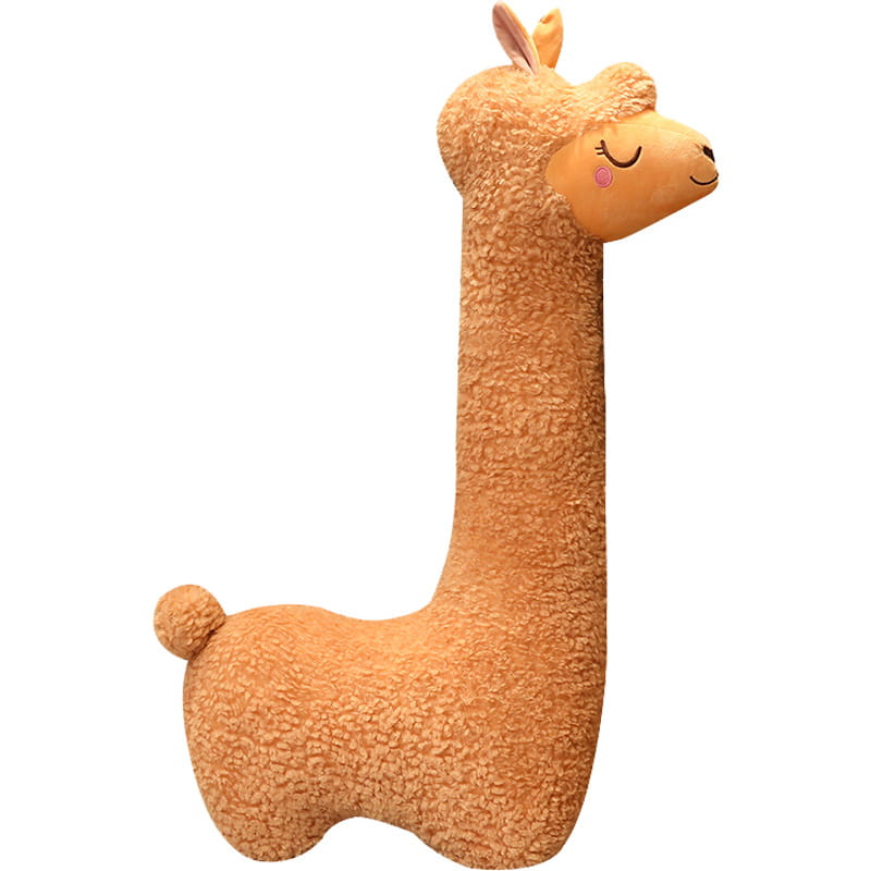 A plush tan-colored alpaca stuffed animal with soft textured fleece-like material and closed eyes from the Alpaca Plush Toy Pillow Large White Stuffed Animal 75cm collection.