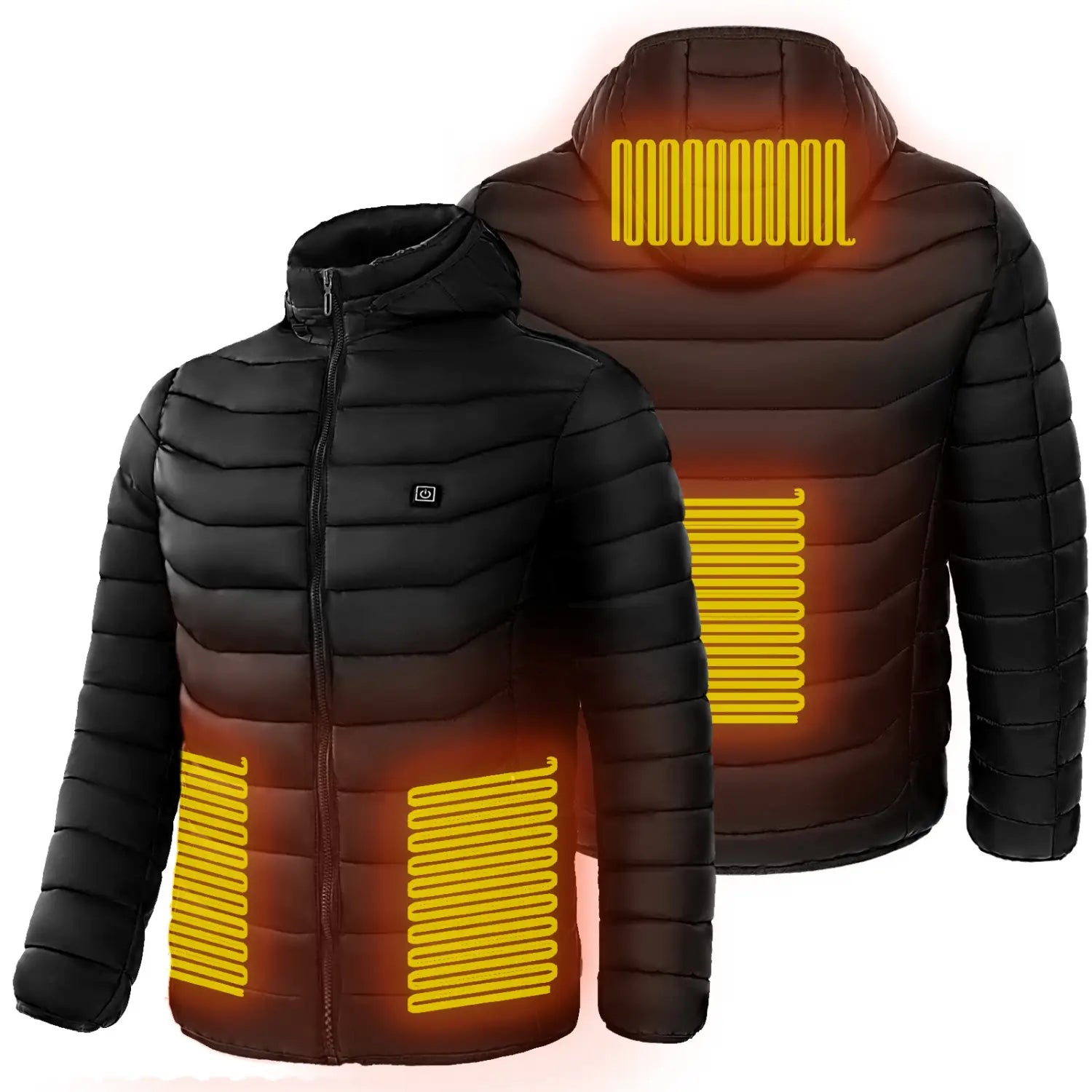 Black unisex 9 zone electric heated hooded puffer jacket showing the back with glowing yellow heating elements along the back, shoulders, and lower front.