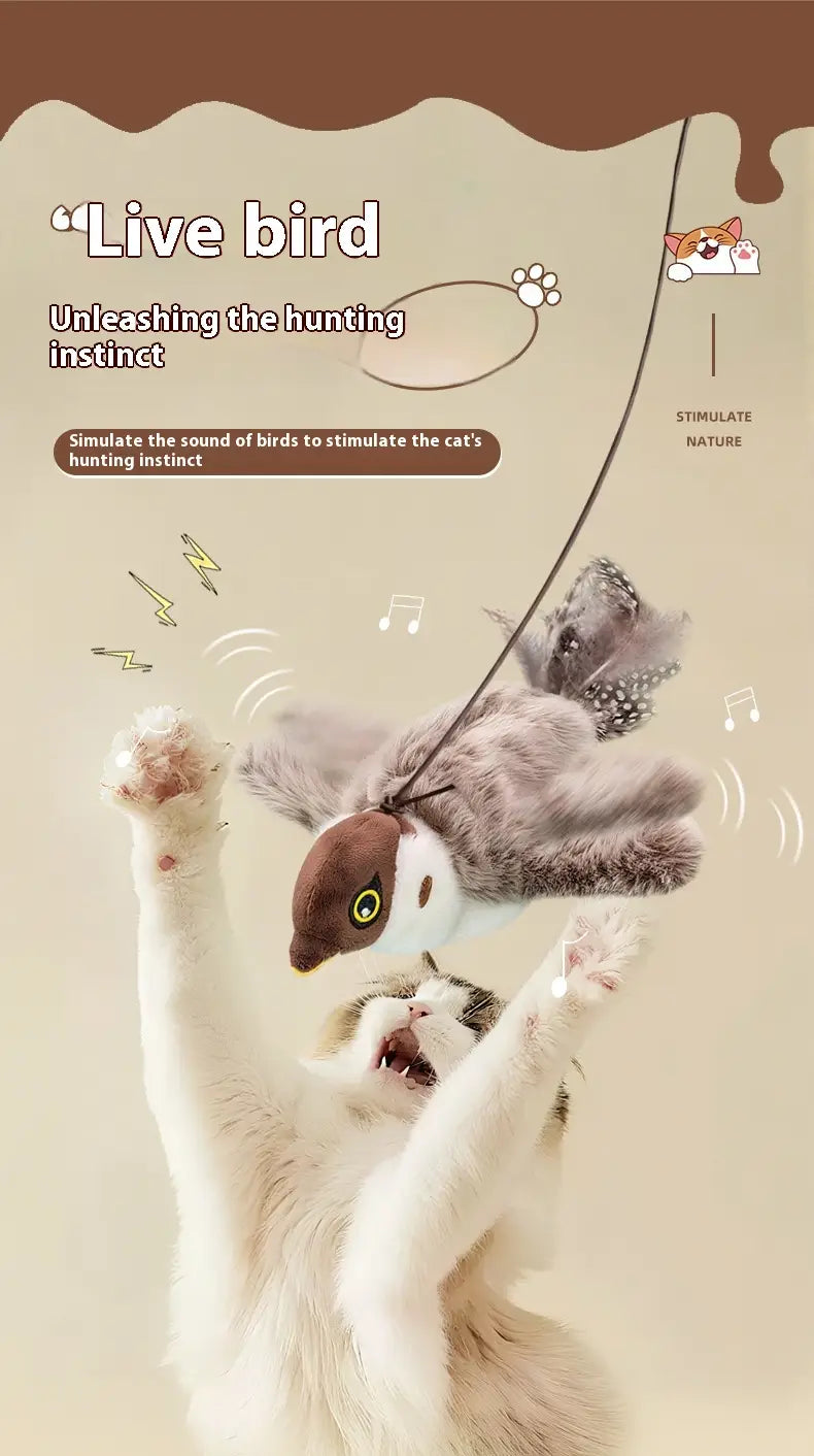 plush bird cat toy sparrow with soft gray and brown fur, yellow eyes, feathered wings, and automatic sounding feature hanging from a string