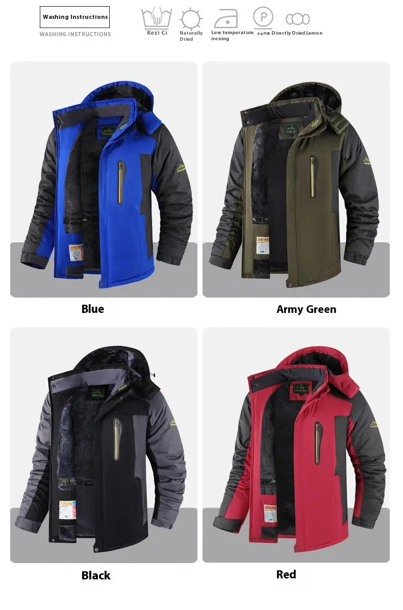 Herren-Fleece-gefütterte Winterjacke, dicker Baumwollmantel, in Blau, Armeegrün, Schwarz und Rot mit einer Kapuze und einem dreiteiligen (Three-in-One) isolierenden Design.