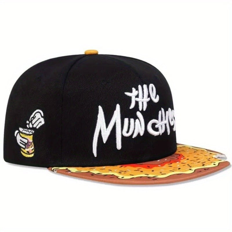 Black snapback cap with white embroidered text the munchies and a cartoon hand holding a can on the side featuring a flat brim designed to look like a pizza slice in the munchies embroidered flat brim snapback cap.