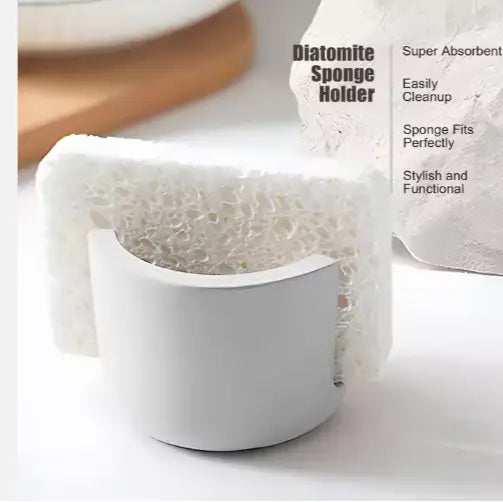 White ceramic diatomite sponge holder with textured porous interior for securely holding and cleaning sponges in a ceramic sink caddy holder.