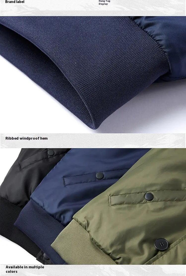 Navy blue ribbed windproof hem on the padded jacket sleeve of a bomber jacket with removable fur collar plus size.