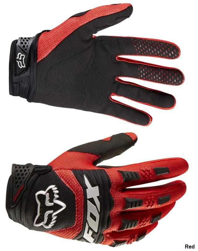 Red and black Fox Racing motorcycle gloves with breathable mesh design and reinforced grip areas shown from the back side for motocross protection.