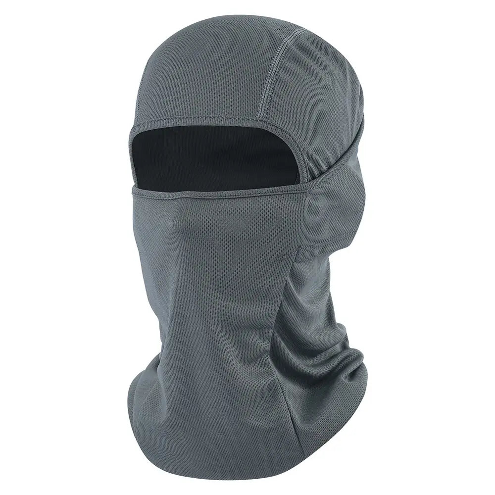Gray mesh breathable motorcycle balaclava with black inner lining for sun protection.