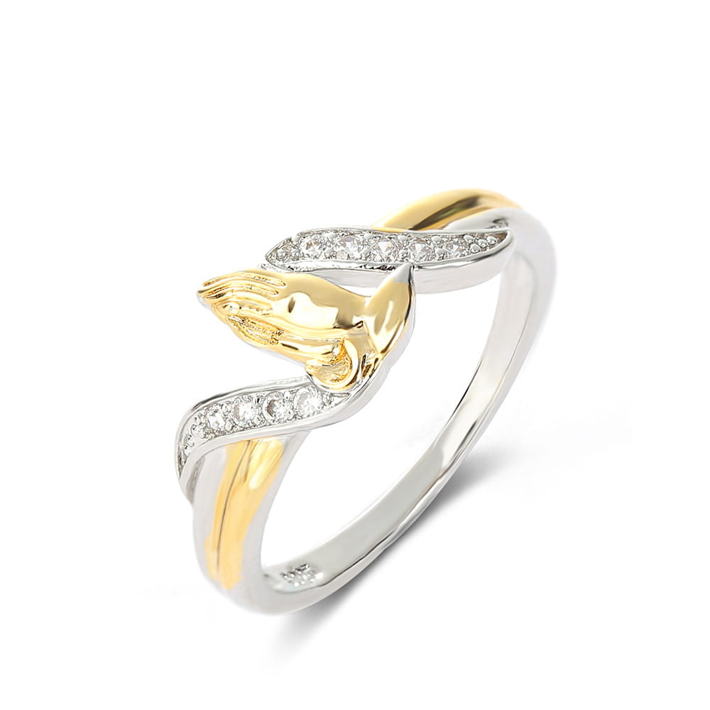 A delicate two tone 18k gold praying hands cubic zirconia ring featuring a gold plated praying hands design intertwined with silver bands and accented by rows of sparkling clear stones.