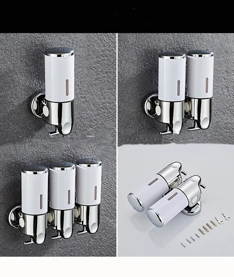 White and chrome wall-mounted soap dispensers with sleek modern design made of chrome and ABS pump for efficient soap dispensing.