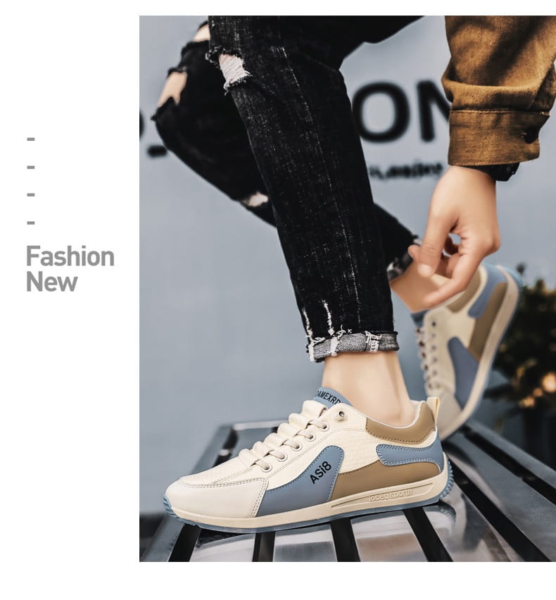 Men’s casual sports sneaker in beige and light blue with tan accents featuring a sleek design and non-slip microfiber sole.