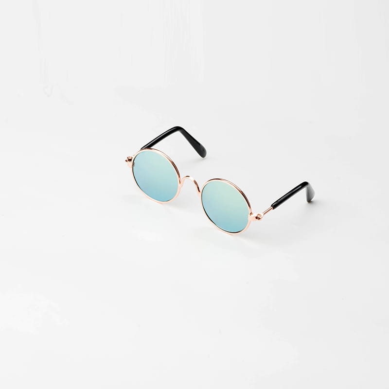 Rose gold metal round cat sunglasses with light blue mirrored lenses and black temple arms.