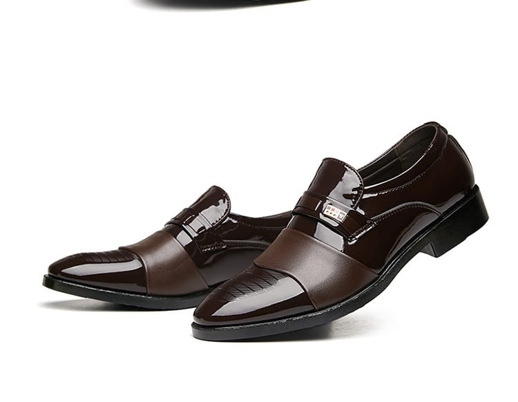 Men’s black patent leather lace-up dress shoes with glossy finish and gold-tone buckle for business and formal wear