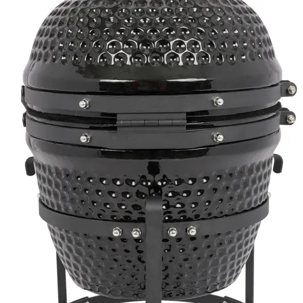 Black ceramic 13 inch kamado charcoal grill with a textured honeycomb-patterned surface and stainless steel hardware.