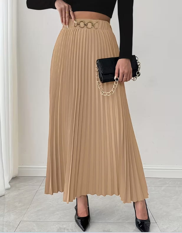 Beige pleated midi skirt with a gold chain belt detail in a high-waisted a-line design.