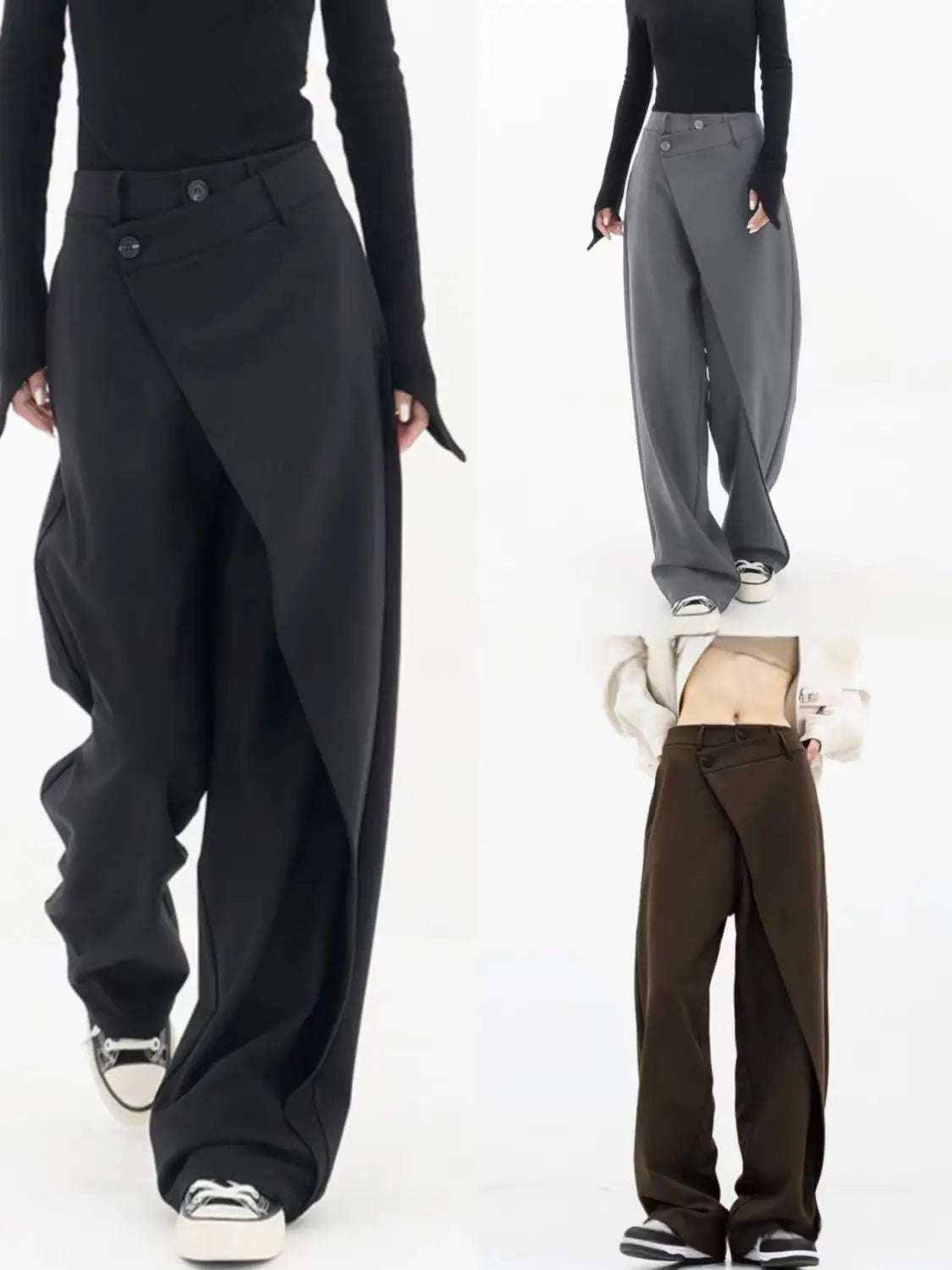 Schwarze Weitbein-Hosen mit einem markanten asymmetrischen Frontdesign und Knopfleiste für einen modernen und stilvollen Look.
