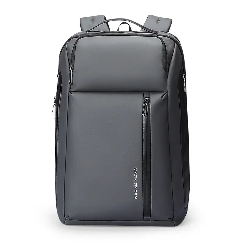 Business-Reiserucksack, eleganter Oxford-Laptop-Rucksack, in dunklem Grau mit schwarzen Reißverschlüssen und dezenter Markenkennzeichnung an der Seite.