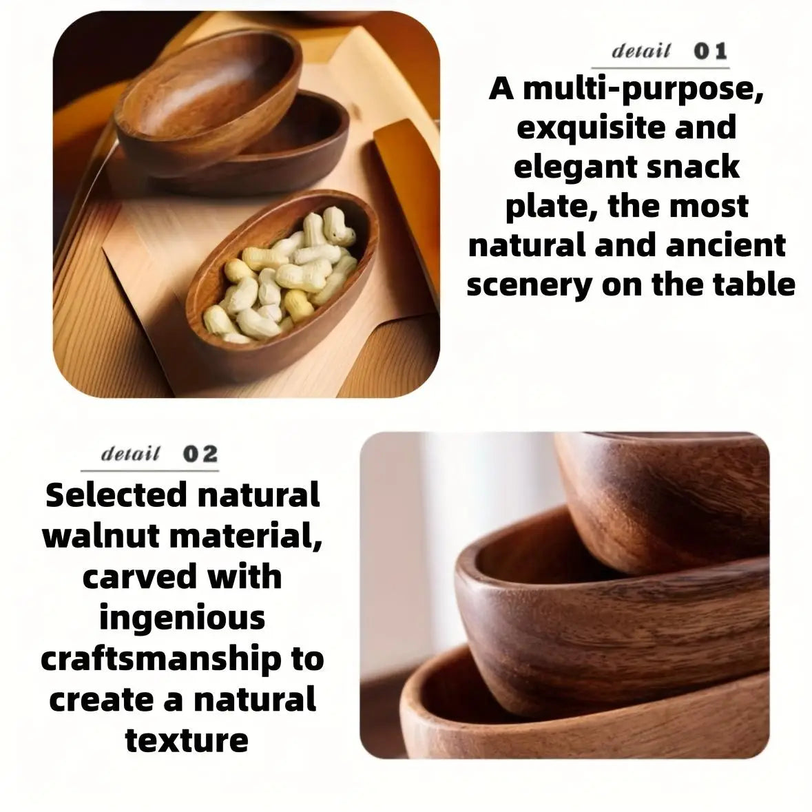 platos para botanas de nuez tallados a mano, con un acabado natural cálido y contornos orgánicos suaves, procedentes del set de barco de madera para sushi japonés artesanal