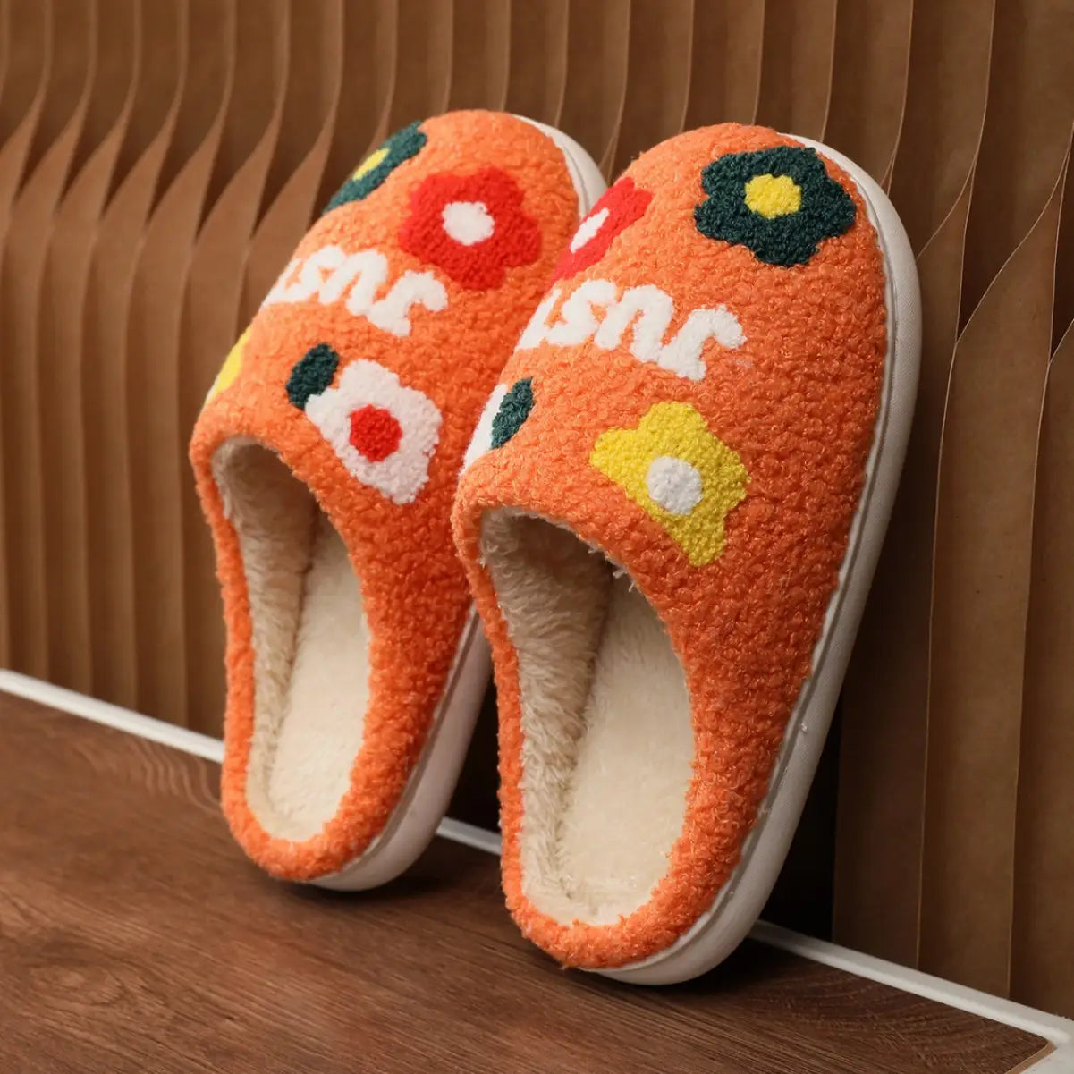 orange plush floral cotton slippers with colorful embroidered flowers soft tpr sole and white love lettering