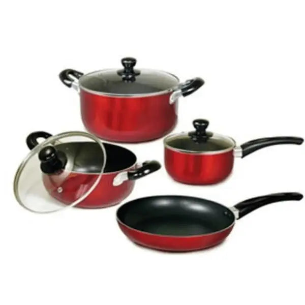 Service d'ustensiles de cuisine antiadhésifs rouge en 7 pièces en aluminium, avec poignées noires et couvercles en verre.