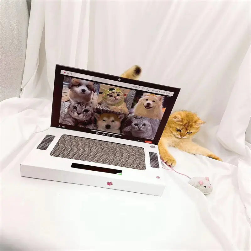 Weißer Pappkarton-Laptop-Kratzpappen-Spielzeug-Notizblock mit strukturierter Kratzoberfläche und kleinem Plüsch-Mauser für das Spiel und die Krallenpflege der Katze