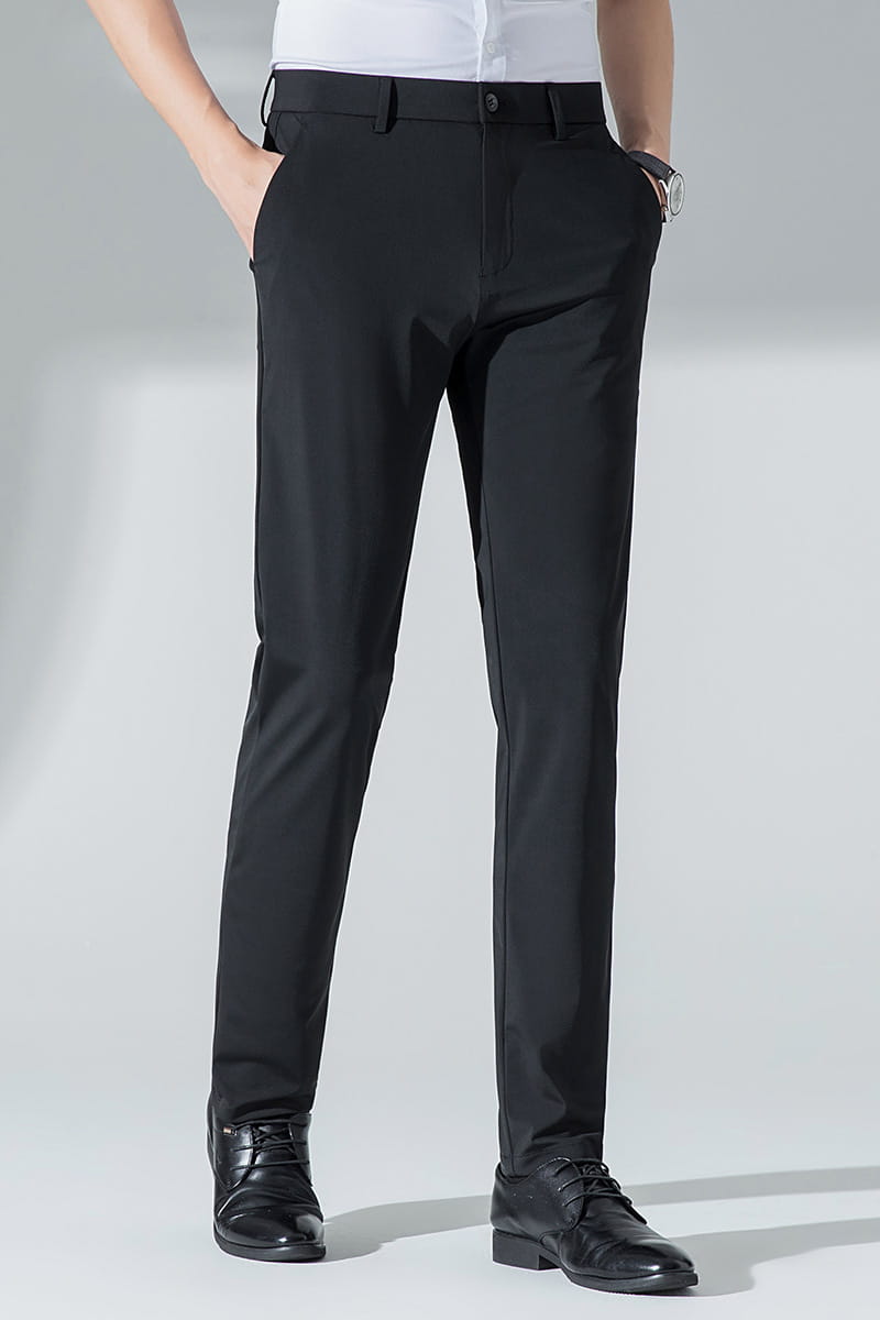 Men plus size stretch casual pants in black slim-fit with smooth tailored fabric and subtle crease detail.