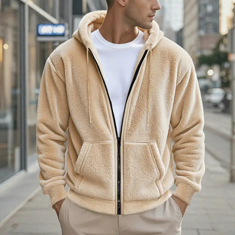 Men’s fleece lined loose zip up hooded jacket in beige plush fleece with matching hood and front pockets.