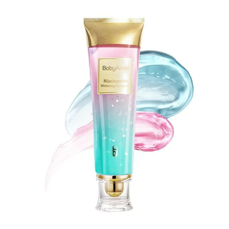 a gradient pink to teal tube of bobyacad niacinamide whitening toothpaste for men and women 100g with a gold cap and base.