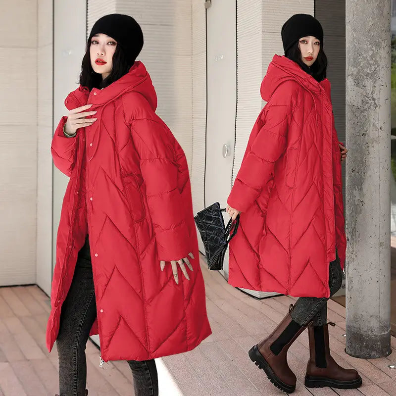 Women mid length padded down jacket quilted winter coat in vibrant red with a hood and front button closure.